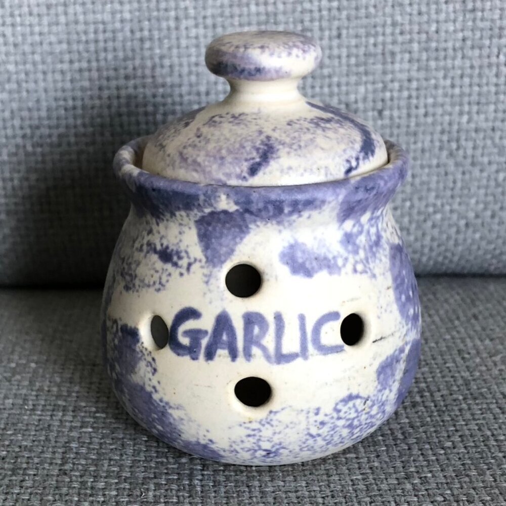 Artisan Ceramic Garlic Keeper Blue Lavender White Diameter 2.5 Inches